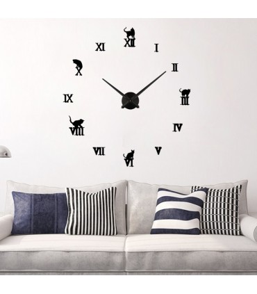 RELOJ DE NÚMEROS ROMANOS Y GATOS NEGRO